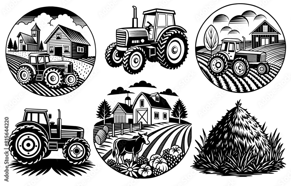 Black and white line art illustration of a vintage tractor with ...