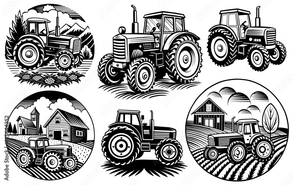 Black and white line art illustration of a vintage tractor with ...