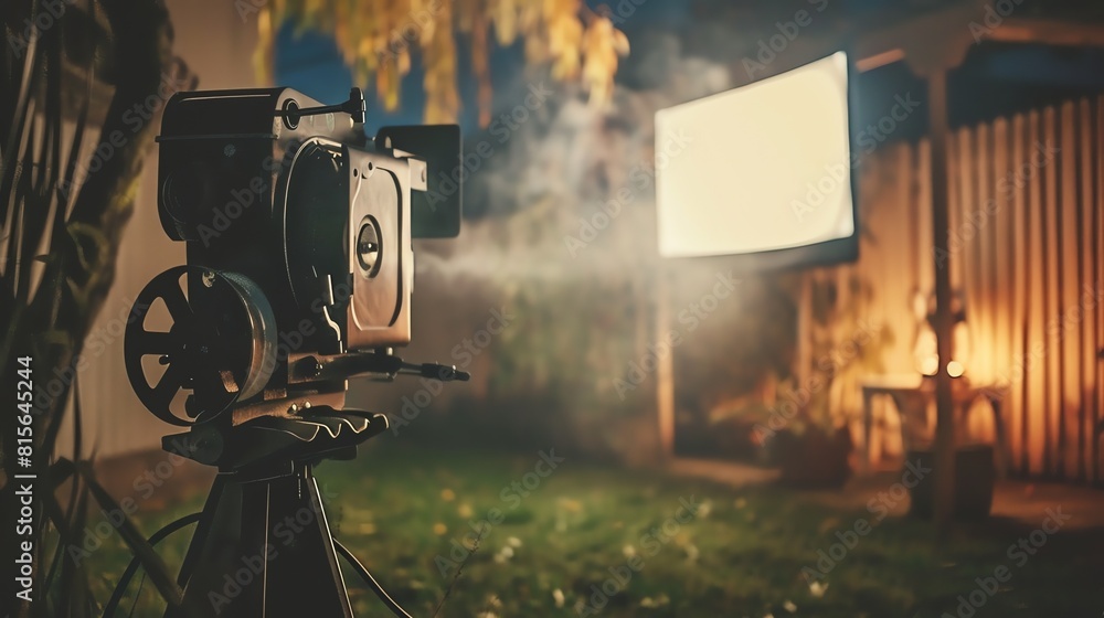A retro movie camera is set up in a backyard, ready to film a movie. In ...