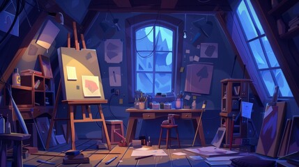 Wall Mural - The image depicts the interior of the artwork room studio with easel in a painting environment at night. A modern background with art materials, a canvas, paintbrush, and head figures in the