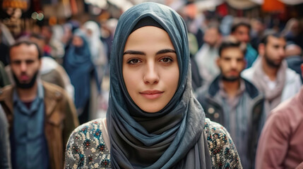 Wall Mural - pretty, beautiful, very attractive middle eastern young woman looking at the camera posing at an Arab city market.