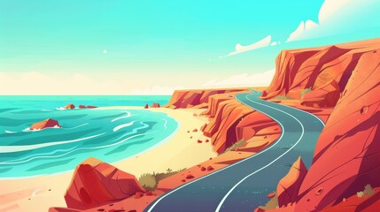 Wall Mural - An illustration of a desert road car driving to the seashore. Rock canyons and the ocean coast scenery. Detailed route to the sea coast and beach.