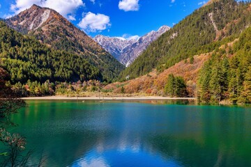 Poster - Scenic view of a lake in mountains of Jiuzhaigou valley in China
