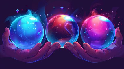 Wall Mural - A glowing fortune glass ball in the hands of a diviner, magician, or witch. A luminous orb during witchcraft and oracle magic. Sketch illustration set of esoteric oracle symbols.