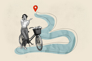 Poster - Collage young girl talk phone call communicate cell mobile gps location lost way traveler geo location bicycle way drawing background