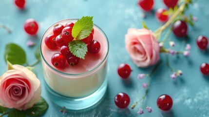 Poster - Dessert Panna cotta with currant berries in glass topped with a tea rose on a blue background