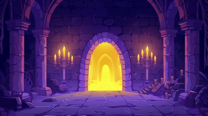 Poster - Modern illustration of a magical portal in a medieval castle, with a yellow glow in the stone arch, candles in chandeliers, ancient pillars in a dungeon inside the castle, a fantasy world in which