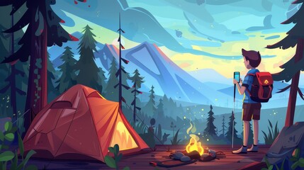 Wall Mural - Teenage boy with hiking backpack and equipment is given a phone as he stands in forest near a tent on wooden patio with a campfire. Cartoon summer landscape with tourist camping near mountains.