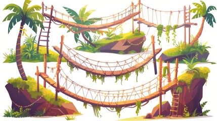 Wall Mural - In this modern cartoon illustration of wooden suspension footbridges with green lianas and palm trees, a path between rock edges, and elements of a jungle game, the rope bridges are isolated on a