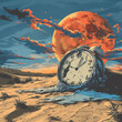 Surreal desert landscape, giant digital clock melting over sand dunes, vintage color palette, sketch technique, sun setting in the background