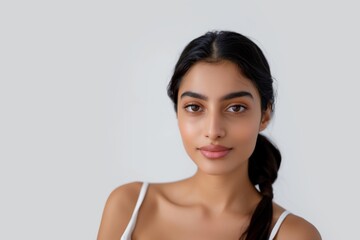 Canvas Print - Elegant young woman with a calm gaze and simple braid, against a white backdrop