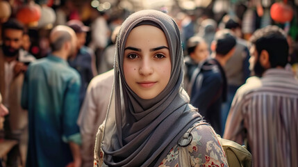 Wall Mural - pretty, beautiful, very attractive middle eastern young woman looking at the camera posing at an Arab city market.