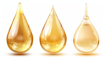 A 3D oil droplet. A golden honey droplet isolated modern. Drops of olive oil and argan oil for skin hydration. A realistic nature cosmetic vitamin serum clipart collection.