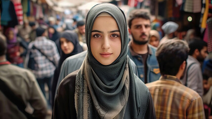 Wall Mural - pretty, beautiful, very attractive middle eastern young woman looking at the camera posing at an Arab city market.