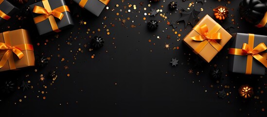 Poster - A Halloween promotional banner design featuring flat lay gift boxes orange pumpkins spiders and confetti on a dark black background The top view offers ample copy space