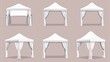 © Mark - Detailed 3d modern illustration set of a white marquee canopy for product presentation on the front and side. Garden gazebo for summer festival. Square pavilion template to be used in exhibitions.
