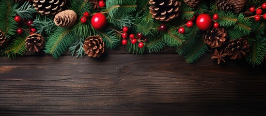 Aufkleber - Top view of a festive arrangement featuring a Christmas pinecone vibrant holly branches and a green wooden backdrop The image provides a flat view with ample copy space