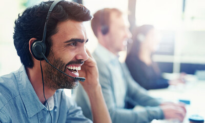 Aufkleber - Happy man, consultant and call center with headphones at agency in customer service or support at office. Male person or agent with smile for online advice, CRM or telemarketing in contact us or help