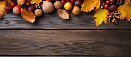 Poster - Autumn still life with yellow leaves nuts on a wooden background view from above. copy space available