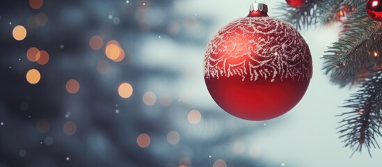 Aufkleber - Red christmas ball with ornament decorate hangfing on pine tree Merry x mas celebrate. copy space available