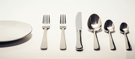 Wall Mural - set of metal cultery equipment on the white table spoon fork and knife. copy space available