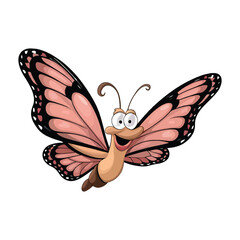 Vector cartoon funny butterfly flying on white background on a white background