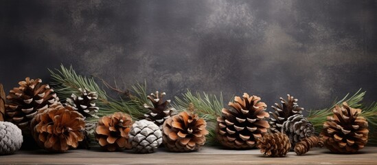 Wall Mural - Variety of dried pine cones on dark grey background Christmas decoration. copy space available