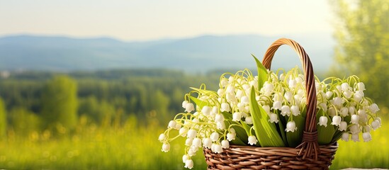 Canvas Print - Bouquet Lilies of Valley Basket Wooden Spring Background. copy space available