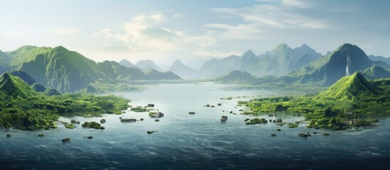 Wall Mural - Distant island shining sea small boats deep green hills. copy space available