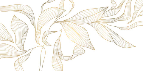 Sticker - Vector golden flower background, luxury abstract line leaves composition. Art deco floral ornament, elegant summer print. Foliage drawing, vintage illustration 