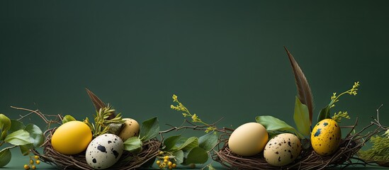Aufkleber - quail eggs easter eggs willow branch green leaves yellow paper. copy space available