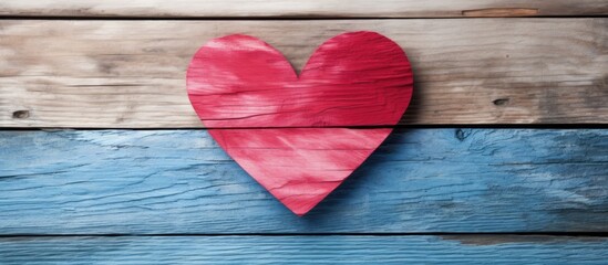 Poster - Top view of handmade pink and red heart on blue and white color wooden background with pastel vintage style Broken hearted Love Wedding and Valentines day concept. copy space available