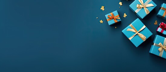 Poster - Flat lay composition with gift boxes on blue background space for text Greeting card. copy space available
