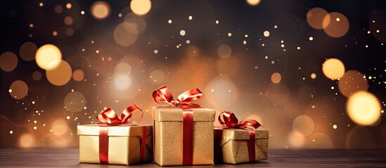 Fototapete - Christmas background with decorations and gift boxes. copy space available