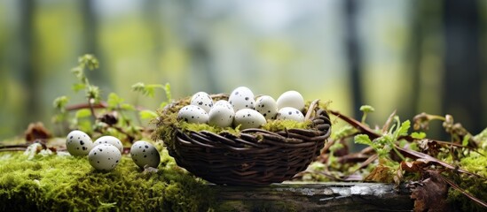 Aufkleber - Quail easter eggs in a basket on a natural green moss with snowdrop flowers on a tree stump Spring easter and healthy organic food concept Zero waste natural Easter decorations Copy space