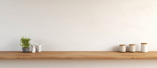 Poster - The copy space image features a sleek kitchen background complete with a minimalist wooden table and a shelf perfect for product montages