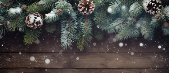 Aufkleber - Christmas background concept Top view of spruce branches with snow and pine cones on old wooden background. copy space available