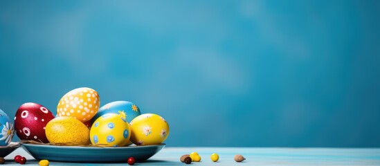 Aufkleber - Colored festive painted Easter eggs with dots on a yellow plate on a blue background Holiday spring chicken quail bright eggs Cooking happy Easter. copy space available