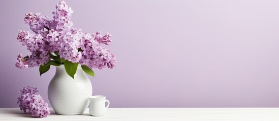 Poster - A copy space image featuring a white vase holding a beautiful lilac bouquet