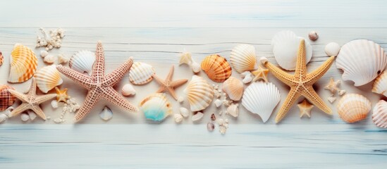 Poster - Summer time concept Flat lay composition with beautiful starfish and sea shells on colored table top view with copy space for text
