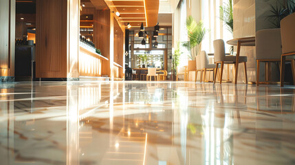 Leinwandbilder - Light wooden and marble tile floor interior of modern cafe with double ceiling height Lobby bar in luxury design hotel hall with second split level : Generative AI