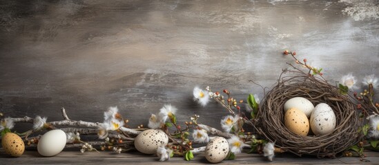 Aufkleber - Easter background with eggs nest and catkins on old wooden background copy space
