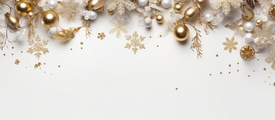Aufkleber - Christmas frame with festive decorations golden snowflakes on white background Flat lay Top view copy space