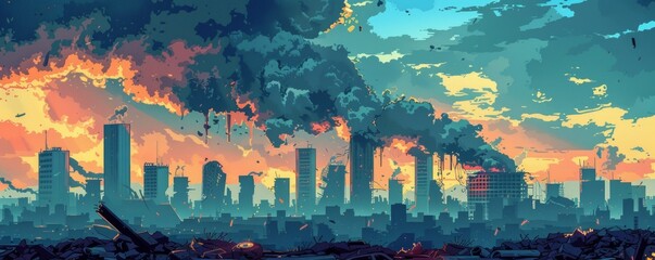 A ruined city with the rubble of skyscrapers and clouds of radioactive ash.   illustration.
