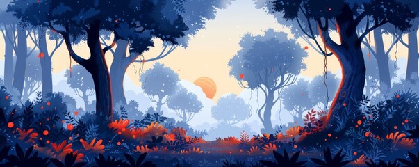 Wall Mural - An enchanted forest where ancient trees whisper secrets of times long past, where magic flows through the air like a gentle breeze.   illustration.