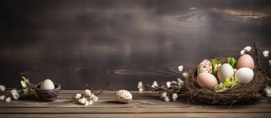 Aufkleber - Easter background with eggs nest and catkins on old wooden background copy space