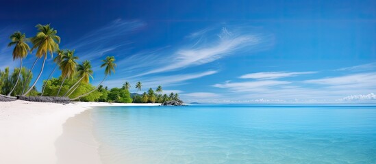 Poster - A mesmerizing tropical island scene with a stunning white sandy beach crystal clear turquoise waters and gentle ocean waves The vibrant blue sky with scattered clouds creates a picturesque backdrop f