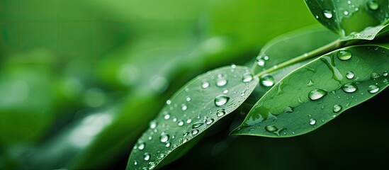 Poster - Water droplets on green leaf beautiful natural background Green background. copy space available