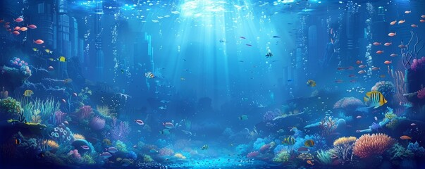 Wall Mural - An atmospheric underwater city with transparent tubes and picturesque fish.   illustration.