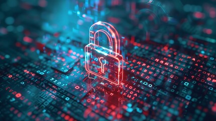 dns hijacking cyber security threat glowing red lock icon over keyboard binary code